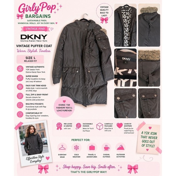 Dkny Jackets & Blazers - DKNY Vintage Womens Black Faux Fur Hooded Puffer Coat Jacket Size L Y2K Winter